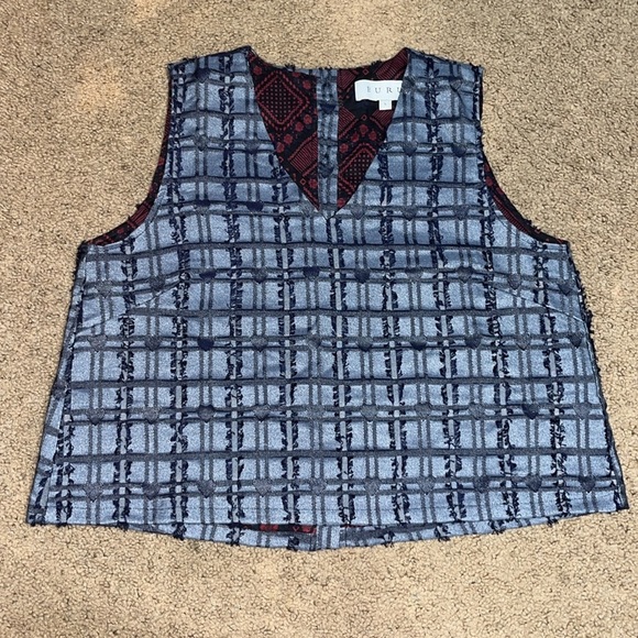 Buru Le V Mod Top Blouse Button Up Back Denim Indigo Hearts Large - Picture 3 of 8